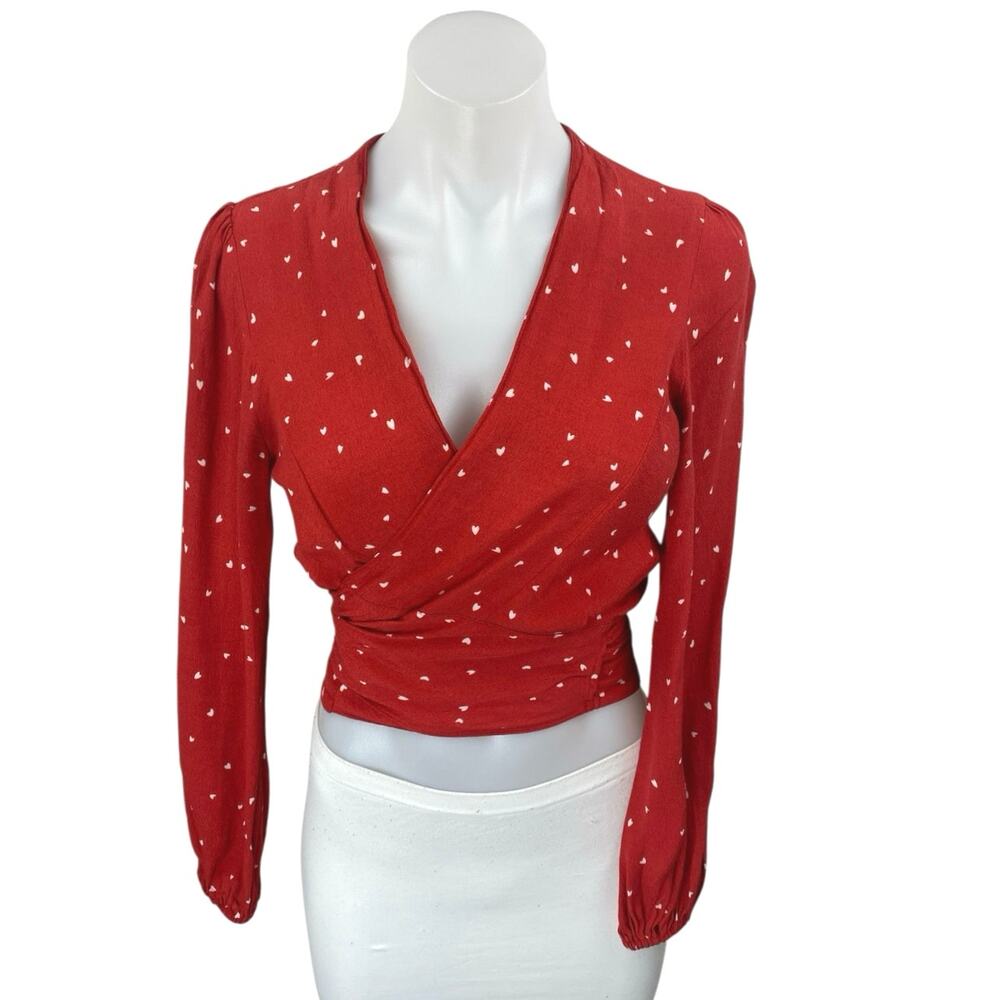 Rolla's Delilah Red Long Sleeve Hearts Tie V Neck Wrap Blouse Crop Top Size S